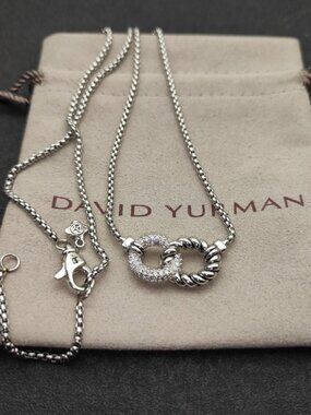 David Yurman 925 Silver Pave Diamond Cable Loop Necklace with Original Pouch